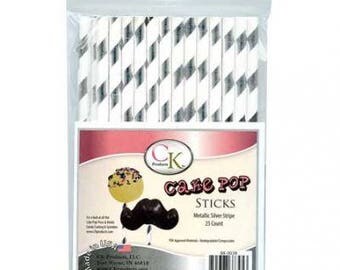 METALLIC SILVER STRIPE Cake Pop Sticks