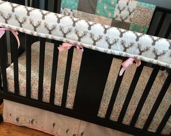 Custom Crib Bedding Set, Made to Order, baby girl woodland set in mint and light pink, Tribal, arrows, deer, crib skirt, sheet, baby blanket