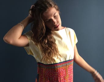 Hmong Embroidered blue Indigo and hand-woven Hemp w/ yellow dyed cotton tie dye festival and ethnic ethical ethnic embroidery, hmong textile