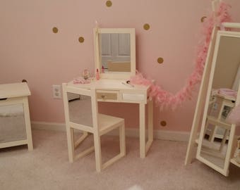 Kids Make Up Vanity Mirrored, Ivory kids dress up vanity desk with mirror, Little girls play vanity, Girls play dress up make table