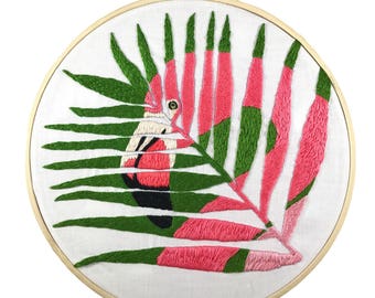 Flamingo Art, Embroidered Art, Embroidery Hoop Art, Flamingo Wall Art, Palm Leaf Art, Flamingo Nursery Art, Pink Art, Flamingo Decor