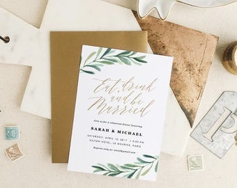 Greenery Rehearsal Dinner Invitation, Eat Drink and Be Married, Rehearsal Dinner, Edit in Word or Pages