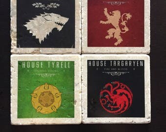 Game of Thrones Coasters - Game of Thrones House Crests - Tumbled Tile - Stark - Lannister - Tyrell - Targaryen - Set of 4