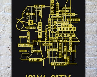 Iowa City, Iowa Street Map Screen Print - College Town Map