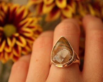 Rainforest Opal Ring Sterling Silver Boulder White Statement Tear Drop Rare Brown Gift Statement Unique Modernist 1970s 70s Size 7 1/2 P