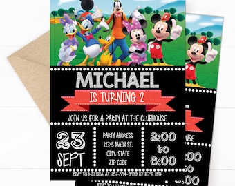 Mickey Mouse Clubhouse Birthday Invitation - Editable Design, Group - Red and Black - Download - 5x7, Mickey, Daisy, Goofy, Donald, Minnie