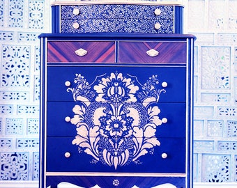 1920's unique Gentleman's Dresser, Art Deco dresser, restored, re-loved, hand painted and decorated, chest of drawers black and gold,