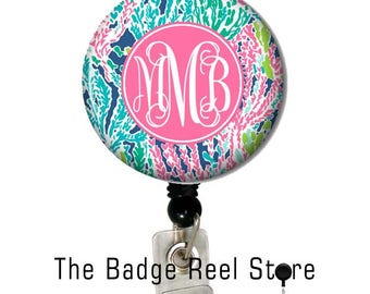 Name Badge Holder, Retractable ID Badge Holder, Name Tag, Personalized, Badge Reel, ID holder, Nurse, Monogrammed - Preppy lets cha cha