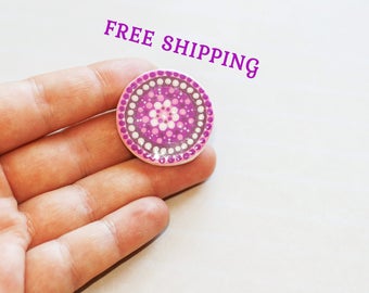 Round brooch, Purple pin, Hand-painted mandala, Round pin, Purple brooch, Disk pin, Purple pin badge, Mandala pin