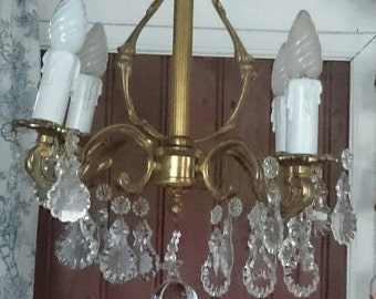 French Chandelier Crystal Cut Glass and Brass, Vintage 4 Lamp Ceiling Pendant Light, Paris Apartment Chic