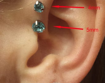 Aquamarine, Forward Helix Earring, Tragus, Cartilage, Earring, 3 Prong Set Aqua, 16g 6mm, Triple forward Helix, Triple Cartilage Piercing