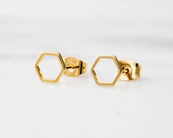 Hexagon Earrings / Gold Hexagon Stud Earrings / Geometric Earrings / Dainty Hexagon Earrings