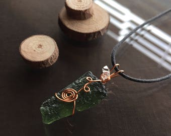 Moldavite Necklace, Moldavite and Herkimer Diamond Necklace