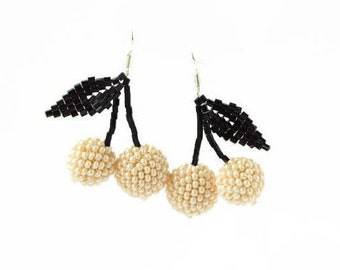 Clothing gift for her Cherry earrings Cream  Seed beaded earrings Fruit earrings Fruit jewelry Handmade earrings beads Julegave