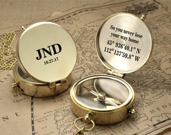 Engraved Compass, Brass Personalized Compas, Valentines Day Gift, Anniversary Gift, Fathers Day Gift, Nautical Decor Compas, Groomsmen Gift
