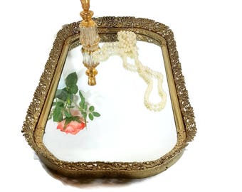 21" LARGE VANITY TRAY Mirror Dresser Perfume Tray Gold Filigree Mirrored Tray Mid Century Hollywood Regency Paris Apartment Shabby Chic