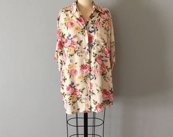 oversized floral blouse || rose print rayon jacket || 1980s rose blouse