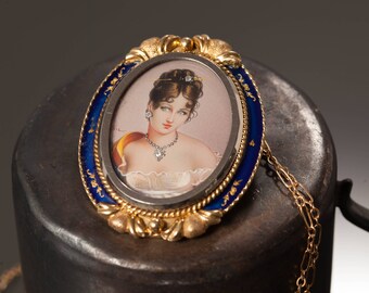 18K Corletto Portrait Necklace, Miniature Portrait Pendant, Miniature Portrait Necklace, Vintage Portrait Brooch, 18K Portrait Brooch