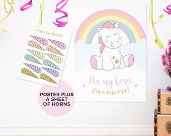 Pin the horn on the unicorn game, PRINTABLE Unicorn games, Unicorn party games, Unicorn birthday games, Unicorn posters, Unicorn horn, 1st