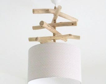 Chandelier Driftwood triangles white/taupe - lamp shade cylinder 28 cm - cylindrical pendant - round ceiling light