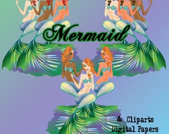 Mermaids clip art and digital Paper, Fantasy mermaid illustration, scrap booking,planner stickers,Printing on a mug or T-shirt ,gift ,PNG