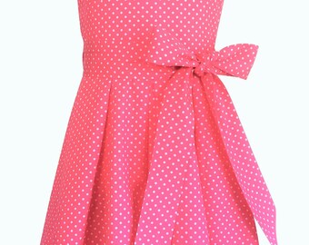 Handmade 5-6 Years Girl's Dress Salmon Coral Pink Polka Dot Cotton Sleeveless Bridesmaid Dress Party Vintage Style Gift For Girl Spotty