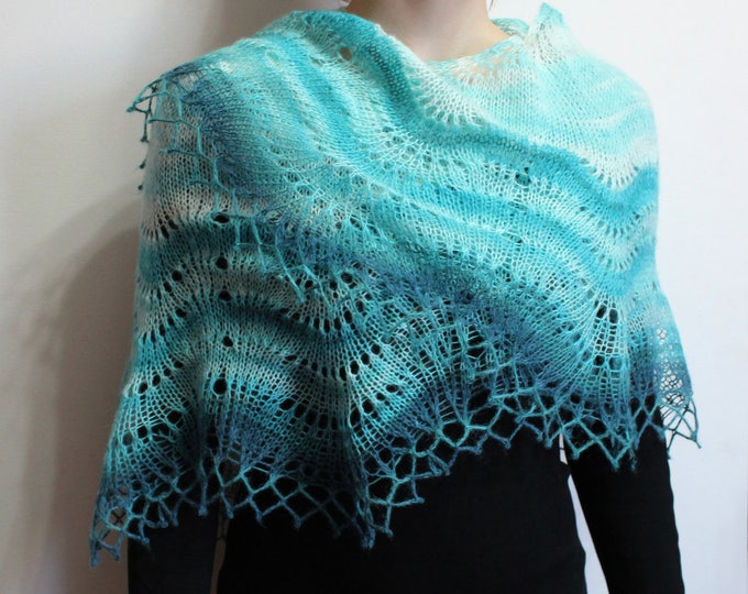 Knitted scarf shawl, knit shawl, knitted shawl, white turquoise shawl , knitted scarf, knit scarf, delicate shawl, crochet shawl