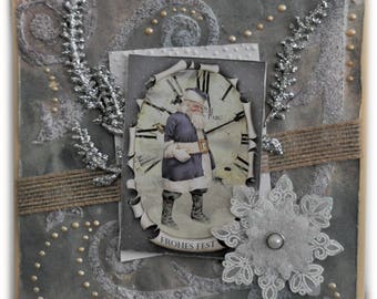 Christmas Card Santa Claus, Snowflake, Christmas Greetings, Christmas Card, Vintage Christmas, Silver, Nostalgic Christmas, Clock
