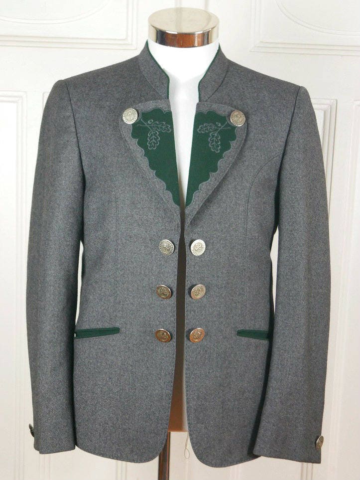 German Vintage Trachten Jacket Gray Wool Forest Green Felt