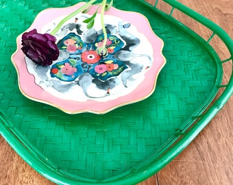 Green Wicker & Bamboo Serving Tray Set