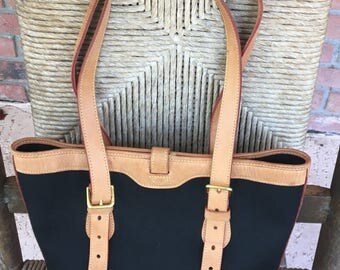 Vintage Dooney and Bourke Black Cabriolet Canvas and Tan Palamino Leather Trimmed Bucket Tote Bag Purse Shoulder Bag Made in the USA