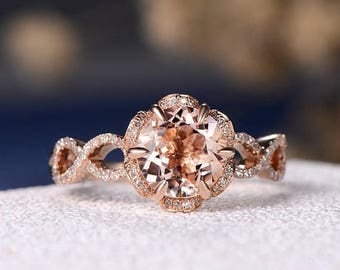 Engagement Ring Unique Morganite Wedding Women Infinity Bridal Set Unique Flower Shaped Rose Gold Diamond Halo Anniversary Gift Birthstone