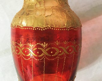 Hand Painted Vase in Red and Gold