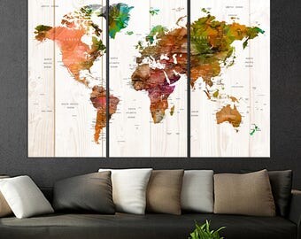 push pin world map wall art canvas print set of 3 panels travel map wall art framed large abstract art s973