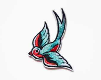 Embroidered Patch - Bird Patches - Gift for Her - Swallows Patch for Clothes - Rockabilly Clothing Birds Swallow Patch Vintage - Blue Patch