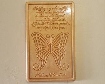 Happiness is a Butterfly - Wooden Carved Inspirational Quote Wall Plaque