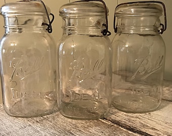 Three 1930's Ball Mason Jars with Wire Cinch