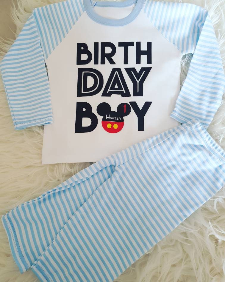 Birthday Boy Pajamas Disney Pjs Blue White Stripe Personalised