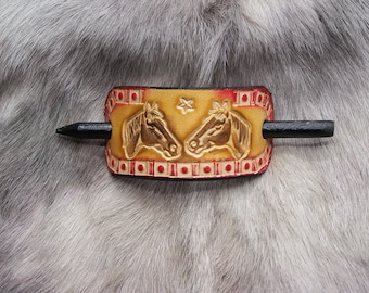 cognac brown leather, horse, medium deco designer hair clip