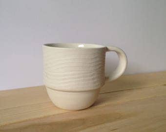 Handmade white porcelain woodgrain mug