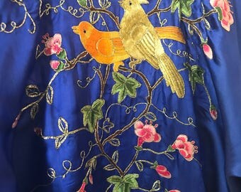 Cobalt Blue Medium Vintage Silver Osmanthus Hand Embroidered 100% Silk Robe Kimono Style Bird Flowers Vines China Wedding Lined TYCAALAK