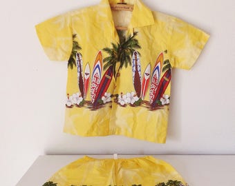 Boy's Hawaiian Shirt & Shorts Set 3T 4T Toddler Top Toddler Shorts Surfer Shirt Surfer Shorts Palm Tree Shirt Yellow Tropical Boys Shirt
