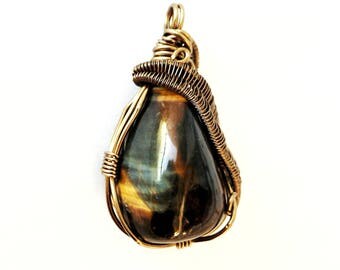 Blue Tigers Eye Pendant- Hawks Eye Necklace- MADE TO ORDER- Wire Wrapped Pendant- Mens Gemstone- Healing Crystal Necklace - Handmade Jewelry