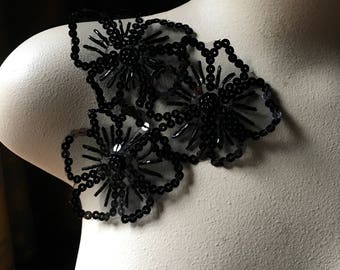 3 BLACK Flower Appliques Beaded Organza for Lyrical Dance, Ballet, Costumes, Headbands, Garments IRON 34black