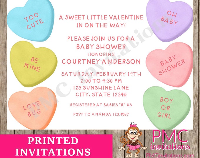 Custom Printed 5X7 Conversation Hearts, Valentines Baby Shower Invitations - 1.00 each with envelope