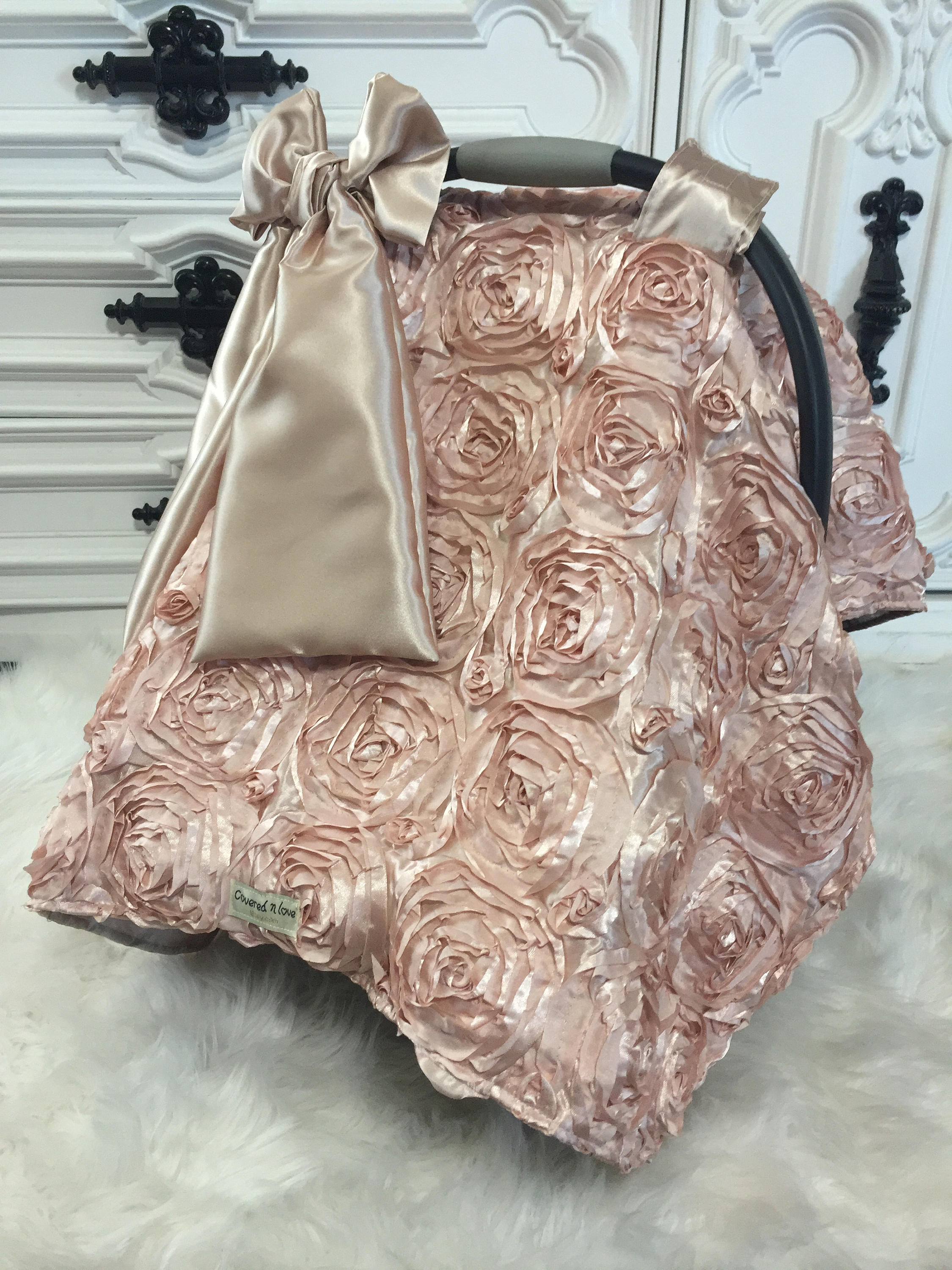 Rose Gold and Gold car seat canopy / rosette / OOAK / White