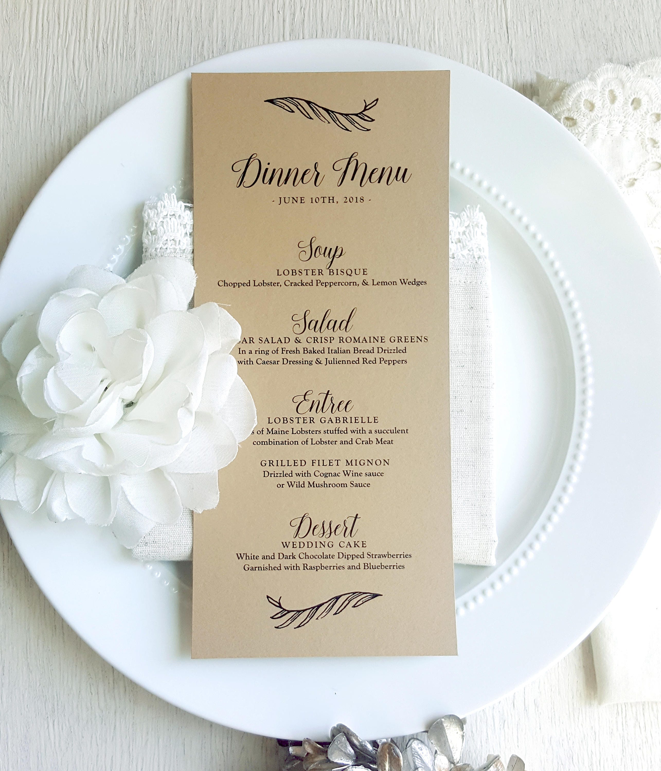 Printed Wedding Menu Reception Menu Dinner Menu Table