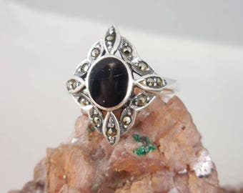 Black Onyx Marcasite Sterling Silver Ring