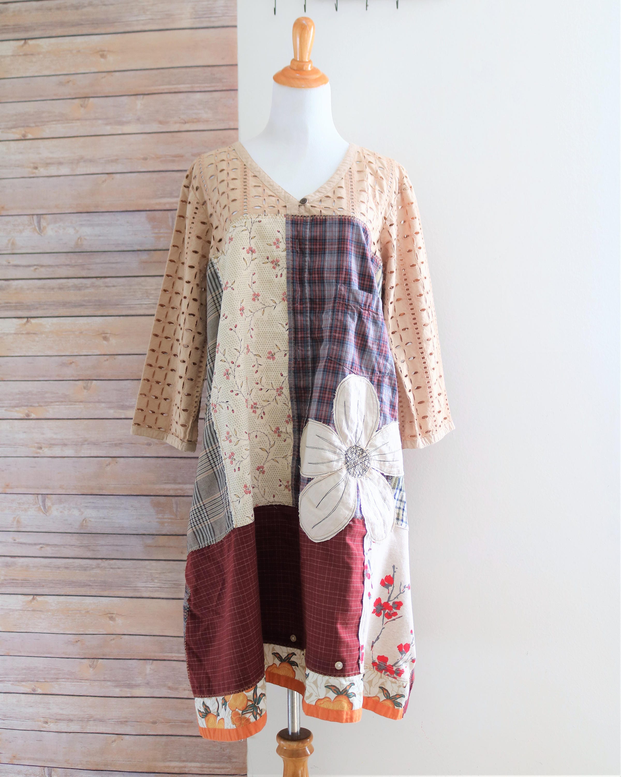 2X size patchwork fall dress romantic bohemian upcycled