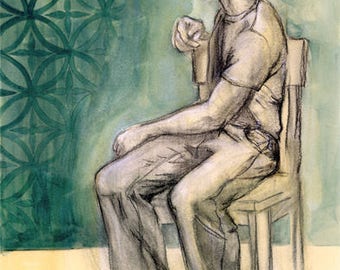 original art, painting, Faded Wallpaper, life drawing, charcoal, acrylic, male figure, clothed, Kathleen Ney, male, men
